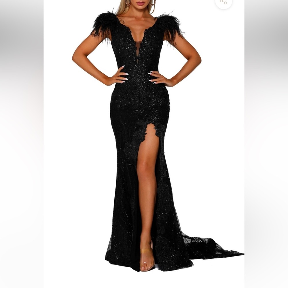 Portia and Scarlett - PS6072 V Neck Glitter Lace Feather Accent Gown
